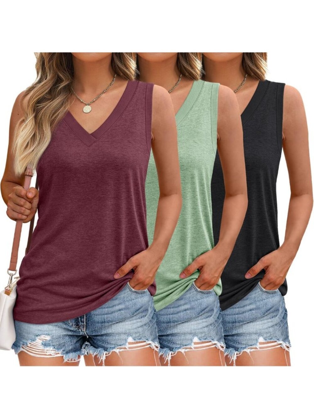 3 Pack Women's Sleeveless V-Neck Tank Tops - Flowy Casual Shirts for Summer